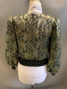 UMI COLLECTION, Black, Gold Metallic, Rayon, Polyester, Floral, V-back, Padded Shoulders, L/S, Zip Back Elastic Waist & Cuffs
