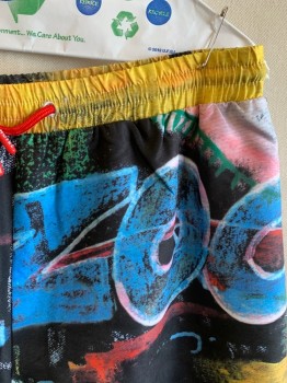 TANGO HOTEL, Black, Multi-color, Polyester, Graphic, Elastic/Drawstring Waistband, 3 Pockets, Graffiti Graphics, ZOO In Blue Letters, Red, Magenta, Yellow, Light Blue, Green Colors