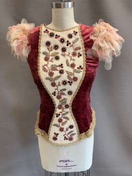MTO, Red Burgundy, Synthetic, Victorian Circus, Velvet, Round Neck, Cap Sleeves Ivory Panel On Center Front With Burgundy Black, & Gold Floral Emobridery & Beading, Pink Tulle Ruffles On Shoulders, Gold Trim, Lace Up Back