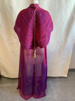 MTO, Iridescent Red, Synthetic, Solid, Sleeveless, Shawl Lapel, Open Front, Long, Pleated Cape Attached, Gold Braided Trim Down Back,  Gold Tassel Hanging at Back
