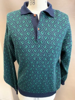 MENS STORE, Navy Blue, Dk Green, Acrylic, Wool, Diamonds, L S, Polo, 2 Buttons,