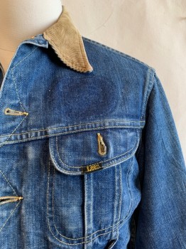 LEE, Denim Blue, Beige, Cotton, Solid, Heathered, JEAN JACKET, Beige Corduroy C.A., Button Front, 2 Pockets, Brown and Yellow Striped Wool Lining