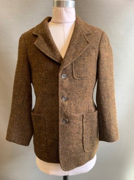 NO LABEL, Brown, Green, Wool, 2 Color Weave, 3 Buttons, Single Breasted, Notched Lapel, 3 Pockets,