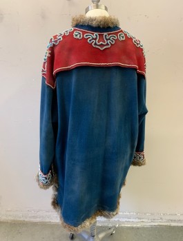 NL, Teal Blue, Maroon Red, Turquoise Blue, White, Wool, Fur, Inuit Tunic, Pony Beads White & Turquoise Against a Maroon Wool on Chest Shoulder, Upper Backs & Sleeves,  Fur Along Bottom Hem, End of Sleeves & Around Neck,