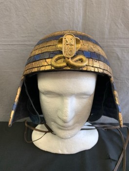 N/L MTO, Gold, Navy Blue, Fiberglass, Stripes, Crackled Texture, Coiled Cobra Snake Charm at Center Front with Hieroglyphics Tab, Small Point at Crown of Head, Suede Straps Inside, Made To Order