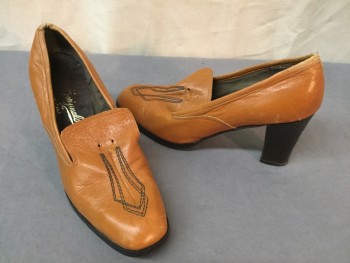 BORIJINALS, Caramel Brown, Brown, Leather, Solid, Abstract , High Stack Heel, Loafer Look Missing Tassel or Tie, Decorative Embroidery Toe