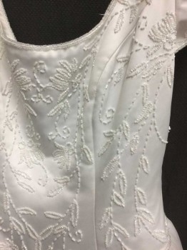 Mori Lee, White, Silk, Beaded, Solid, Floral, White Satin Bodice Cap Sleeves, with Big Poofy Layered Mesh Netting with White Floral Beadwork, See Photo Attached,