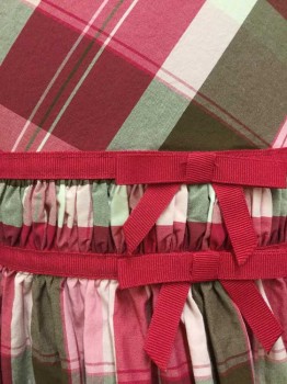 GYMBOREE, Fuchsia Pink, Lt Pink, Dk Brown, White, Cotton, Polyester, Plaid, Cap Sleeves Gathered at Shoulders, Scoop Neck, 1" Wide Gathered Panel at Waist with 2 Fuchsia Grosgrain Stripes at Either Side, with 2 3D Bows at Center Front Waist, Gathered Voluminous Skirt with Solid Fuchsia Tulle Ruffle/Underlayer at Hem, Center Back Zipper