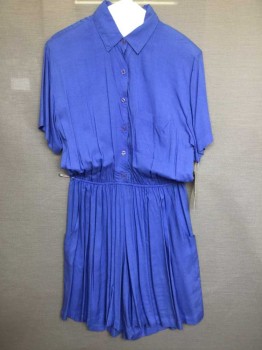 S Roberts, Periwinkle Blue, Rayon, Solid, Button Front, Collar Attached,  Short Sleeve, 3 Pockets, Elastic Waist,