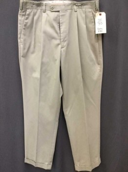 PERRY ELLIS, Khaki Brown, Polyester, Cotton, Solid, Pleated Front, Belt Loops, Twill, Button Tab, Cuffed Hem