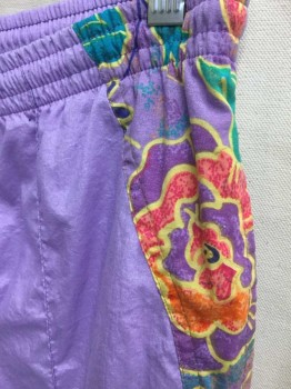 HEAD SPORTSWEAR, Lavender Purple, Nylon, Solid, Floral, Track Pants Are Solid Lavender with Floral Colorful Panels At Hips, Elastic Waist W/Drawstring At Inside Waist, Zippers At Pant Hems,
