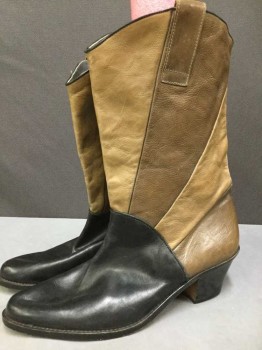 JON FRANCO PIRELLI, Lt Brown, Brown, Black, Leather, Color Blocking, High Stack Heel, Mid Calf, Slightly Poined, Pull On, Narrow Black Piping, Sun ray Pattern