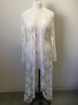 JONQUIL, Cream, Polyester, Floral, Floral Sheer Lace, Long Sleeves, Flutter Extended Cuff, Open Front, Floor Length Hem, Scallopped at Center Front Hem
