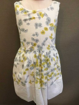 GAP, White, Lt Blue, Yellow, Ice Blue, Cotton, Floral, Sleeveless, Zipper Center Back, Solid Ice Blue 4" Wide Strip at Hem