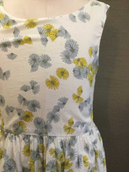 GAP, White, Lt Blue, Yellow, Ice Blue, Cotton, Floral, Sleeveless, Zipper Center Back, Solid Ice Blue 4" Wide Strip at Hem