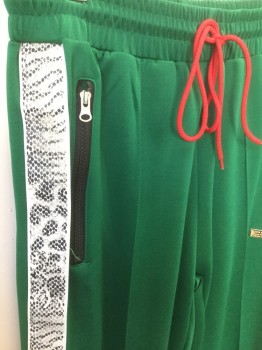 REASON, Emerald Green, Red, Polyester, Solid, Animal Print, Zipper Pockets,  White Snake Trim, Zipper Ankles, Red Draw String