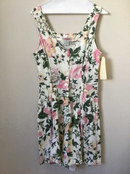 FADS, White, Pink, Green, Yellow, Gray, Cotton, Floral, Sleeveless, Button Front, Scoop Neck, Belt Loops (missing Belt)