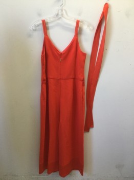 TRINA TURK, Red, Polyester, Solid, Crepe, Double Spaghetti Straps, V-neck, Back Zipper, Wide Legs, Faux Slit Pockets, **With Matching Belt