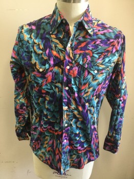 WRANGLER, Purple, Mauve Pink, Red, Black, Turquoise Blue, Cotton, Novelty Pattern, Long Sleeves, 2 Pockets, Button Front, Yoke, Collar Attached, Multi-color 'Feather' Print