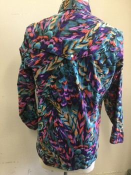 WRANGLER, Purple, Mauve Pink, Red, Black, Turquoise Blue, Cotton, Novelty Pattern, Long Sleeves, 2 Pockets, Button Front, Yoke, Collar Attached, Multi-color 'Feather' Print