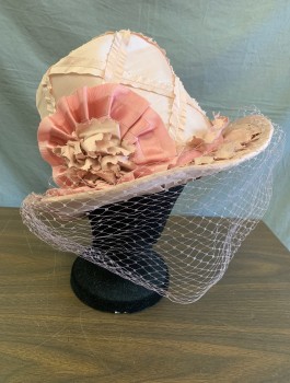 N/L MTO, Lt Pink, Mauve Pink, Silk, Solid, Top Hat Style, Buckram Structure Covered in Silk Fabric, Diamond Shaped Stripes of Self Fabric, 3D Grosgrain Rosette at Side, Mauve Netting Attached, Gathered at Brim, Made To Order Reproduction **Has Stains on Brim in Back, See Photos