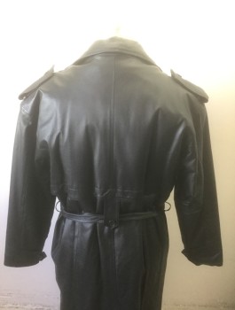 SERGIO VADDUCCI, Black, Leather, Solid, 2 Button Front, Notched Lapel, Epaulettes at Shoulders, Padded Shoulders, 2 Pockets, Black Plush Removable Lining, **With Matching Sash Belt