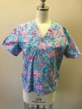 CHEROKEE, Lt Blue, Pink, Turquoise Blue, Purple, Poly/Cotton, Floral, Low Cut Button Front, Long Sleeves, Elastic Smocked Cuff, 2 Pockets, Back Waist Tie