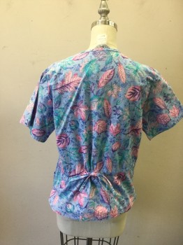 CHEROKEE, Lt Blue, Pink, Turquoise Blue, Purple, Poly/Cotton, Floral, Low Cut Button Front, Long Sleeves, Elastic Smocked Cuff, 2 Pockets, Back Waist Tie