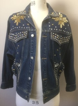 FREEGO, Denim Blue, Gold, Silver, Cotton, Rhinestones, Bedazzled Denim Jacket with Silver and Gold Studs, Clear Rhinestones Throughout, Gold Sequinned Floral Appliqués at Shoulders, Button Front, Collar Attached,