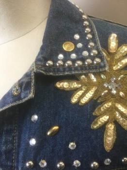 FREEGO, Denim Blue, Gold, Silver, Cotton, Rhinestones, Bedazzled Denim Jacket with Silver and Gold Studs, Clear Rhinestones Throughout, Gold Sequinned Floral Appliqués at Shoulders, Button Front, Collar Attached,