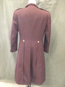 PIERRE OF PARIS, Maroon Red, Gold, Polyester, Wool, Solid, Maroon Velvet Collar, Notched Lapel, Two Gold Buttons, Epaulets with Metallic Gold Ribbon and Gold Button, Long Cutaway Coat, 2 Pleats at Back Waist with Button Detail, 1 Back Vent