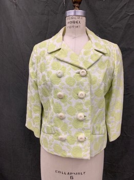 N/L, Lime Green, White, Silk, Rayon, Floral, Floral Brocade, Double Breasted, White Thick Thread Wrapped Buttons, Collar Attached, Notched Lapel, 2 Faux Pockets, 3/4 Sleeve, Button Tab Back Waist,