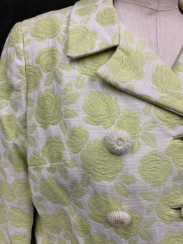 N/L, Lime Green, White, Silk, Rayon, Floral, Floral Brocade, Double Breasted, White Thick Thread Wrapped Buttons, Collar Attached, Notched Lapel, 2 Faux Pockets, 3/4 Sleeve, Button Tab Back Waist,