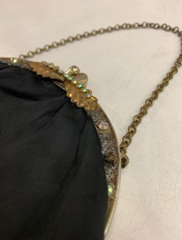 N/L, Black, Gold, Silk, Metallic/Metal, Solid, with Gold Metal Clasp and Chain, Gold Leaf Detail at Opening with Silver Rhinestones, Mustard Faille Lining,