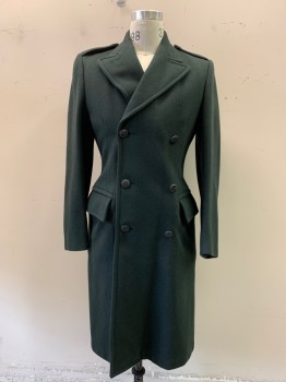 JOSEF FREED CLOTHING, Forest Green, Wool, Solid, Double Breasted, Collar Attached, Peaked Lapel, Epaulets, Pocket, Long Sleeves, 1969
