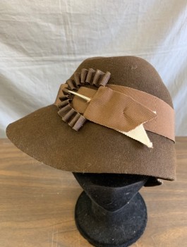 NOEL STEWART, Brown, Wool, Solid, Felt, 1.5" Wide Grosgrain Band with Self "Buckle" Detail, Cloche Style with Folded Detail at Crown, Made To Order Reproduction