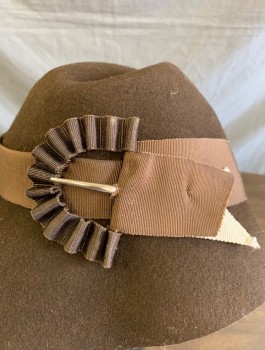 NOEL STEWART, Brown, Wool, Solid, Felt, 1.5" Wide Grosgrain Band with Self "Buckle" Detail, Cloche Style with Folded Detail at Crown, Made To Order Reproduction