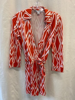 DFV, Red, White, Silk, Abstract , Collar Attached, Deep V-neck, Long Sleeves, Belted