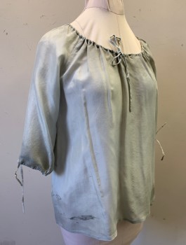 N/L, Lt Gray, Silk, Solid, Peasant Blouse, Drawstring Scoop Neck, Raglan 3/4 Sleeves with Drawstring Cuffs, Lightly Aged - Has Stains and Dirt Throughout, Reproduction