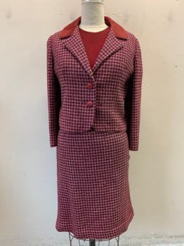 GREEN LEA, Red Burgundy, Beige, Wool, Tweed, Houndstooth, Jacket, Suede Solid Collar, Notched Lapel, Single Breasted, Button Front, 2 Buttons, Late 1950s - Early 1960s,