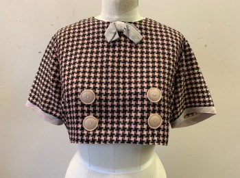 N/L, Lt Pink, Black, Rayon, Check , Blouse/Top to Go with Dress (CF033338), S/S, Pullover, Cropped Length, Round Neck with Beige Bow at Neck, "Double Breasted" Look with Buttons in Front, Button Closures in Back
