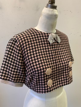 N/L, Lt Pink, Black, Rayon, Check , Blouse/Top to Go with Dress (CF033338), S/S, Pullover, Cropped Length, Round Neck with Beige Bow at Neck, "Double Breasted" Look with Buttons in Front, Button Closures in Back