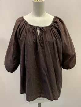 NL, Brown, Cotton, Solid, Drawstring Boat Neck with Tie And Key Hole Cutout, 3/4 Sleeves With Elastic, Aging On Neck, Small Tear In Back Just Below Neck