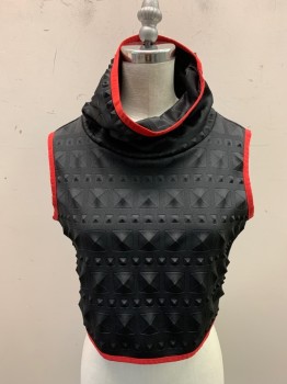 MTO, Black, Ruby Red, Synthetic, Color Blocking, Textured Fabric, Sleeveless, Crop Top, Cowl, Raised Big and Small Pyramid Stud Geometric Pattern, Red Bias Tape Trim **Bias Torn on Neck