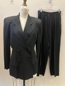 DANI MAX, Black, Rayon, Acetate, Solid, C.A., Notched Lapel, DB. 2 Faux Flap Pocket With Embroiderred Detail, Martingale Belt