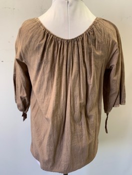 N/L MTO, Lt Brown, Cotton, Solid, Peasant Blouse, Drawstring, Scoop Neck with Keyhole at Center Front, 3/4 Raglan Sleeves with Drawstring Cuffs, Very Aged/Dirty, Made To Order