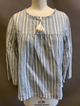 GAP, Slate Blue, White, Ecru, Cotton, Stripes - Vertical , Girls, 3/4 Sleeves, Round Neck with Self Ruffled Edge, Cream Drawstrings with Tassled Ends above Keyhole Opening, Yoke Across Chest, Gathered at Yoke, 1 Button at Center Back Neck