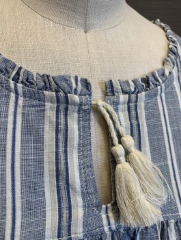 GAP, Slate Blue, White, Ecru, Cotton, Stripes - Vertical , Girls, 3/4 Sleeves, Round Neck with Self Ruffled Edge, Cream Drawstrings with Tassled Ends above Keyhole Opening, Yoke Across Chest, Gathered at Yoke, 1 Button at Center Back Neck