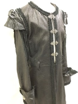 MTO, Black, Silver, Leather, Metallic/Metal, Coat, 1700's - 4 Hook & Eyes Center Front, Skull Embossed Shoulder Caps, Lacing/Ties at Arms Eyes,wide Cuffs with Silver Filigree Hook & Eyes, Fuzzy Braided Trim Applique, Belt Loops, Little Fur Tails at Back Armseye