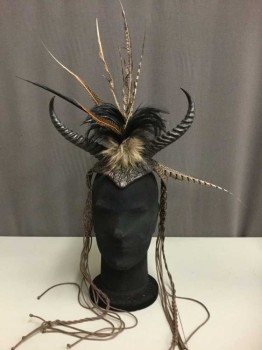MISS G DESIGNS, Dk Brown, Black, Tan Brown, Feathers, Leather, Barbarian Feather And Faux Horn Headpiece, Macramé Sides Hang Over The Ears, Pheasant Feathers, Leather Crown Looks Like A Turtle Shell, Large Brass Brads On Sides, Wood Bead